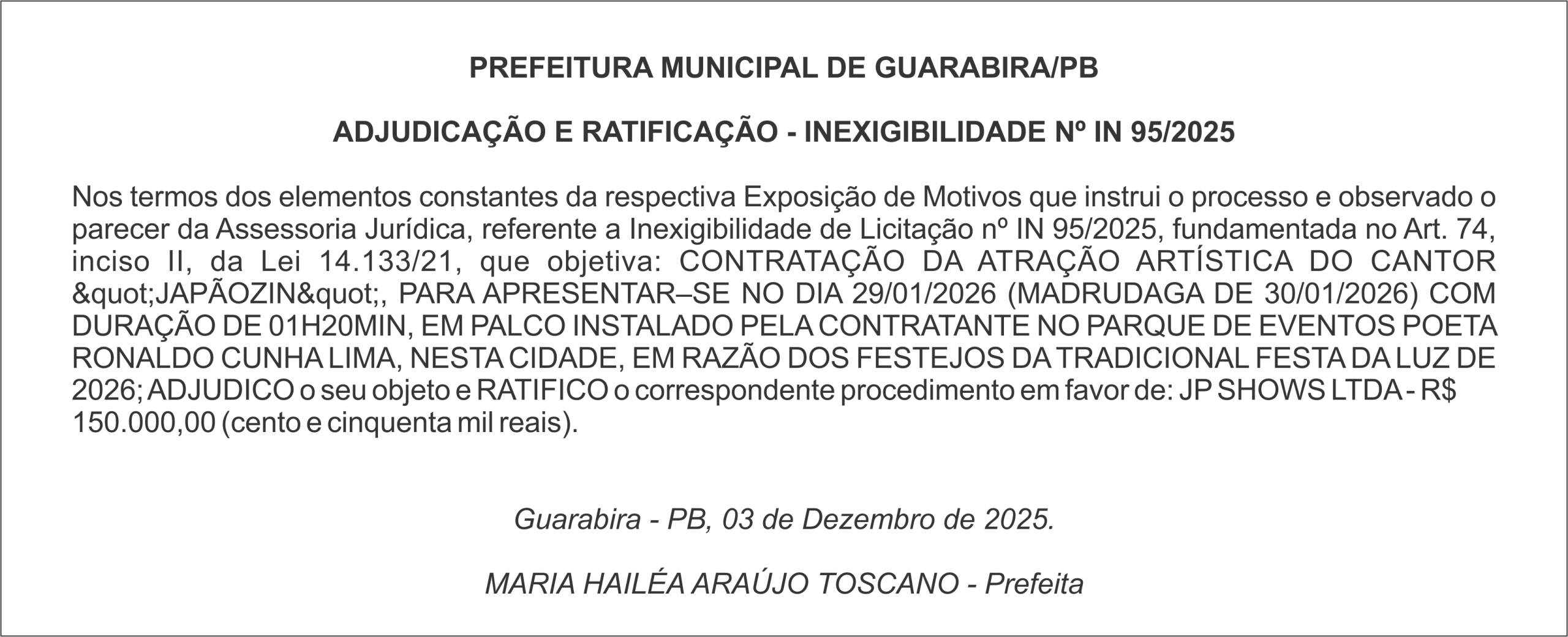 PREFEITURA MUNICIPAL DE GUARABIRA/PB ADJUDICAÇÃO E RATIFICAÇÃO – INEXIGIBILIDADE Nº IN 95/2025