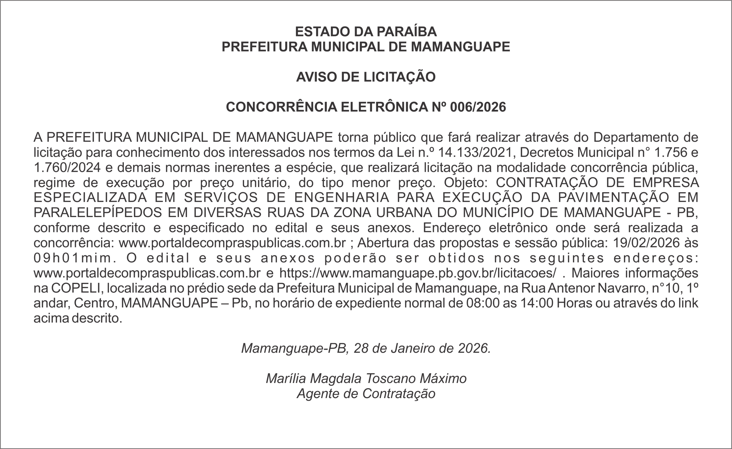 PREFEITURA MUNICIPAL DE MAMANGUAPE – AVISO DE LICITAÇÃO – CONCORRÊNCIA ELETRÔNICA Nº 006/2026