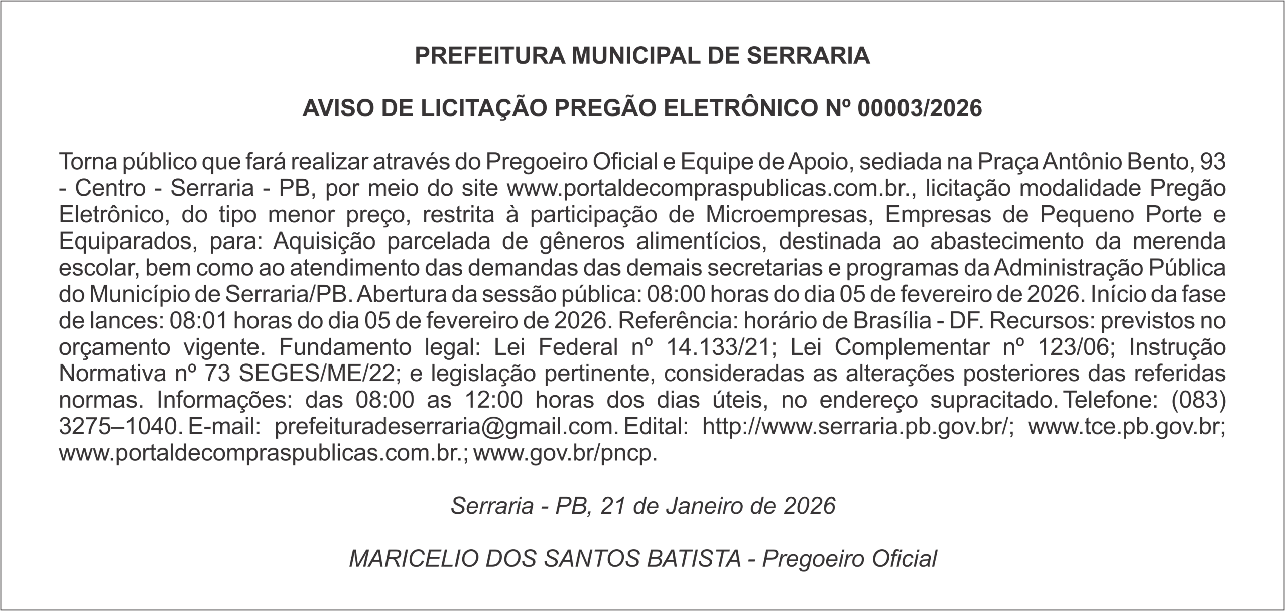 PREFEITURA MUNICIPAL DE SERRARIA – AVISO DE LICITAÇÃO – PREGÃO ELETRÔNICO Nº 00003/2026