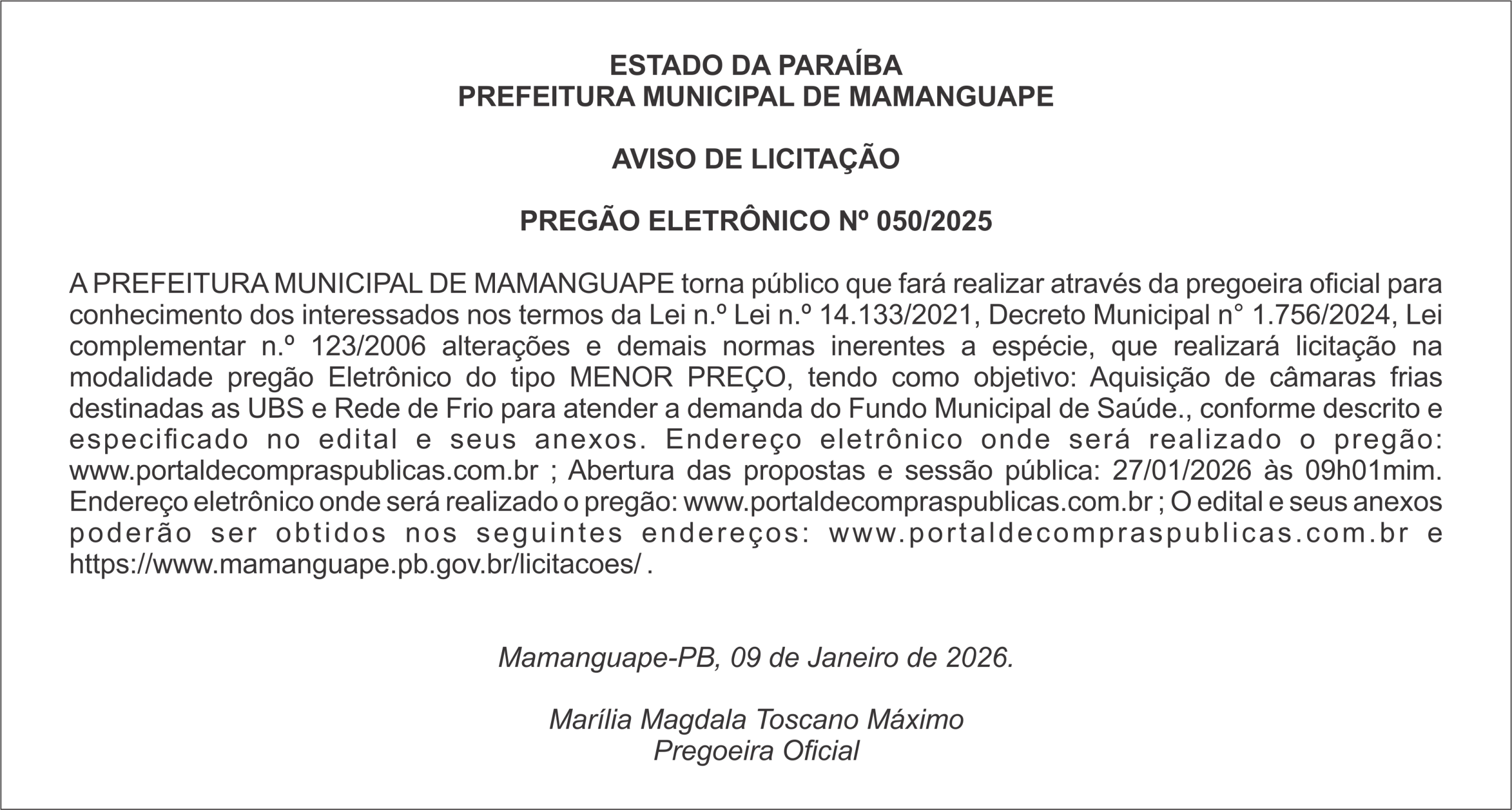 PREFEITURA MUNICIPAL DE MAMANGUAPE – AVISO DE LICITAÇÃO  PREGÃO ELETRÔNICO Nº 050/2025