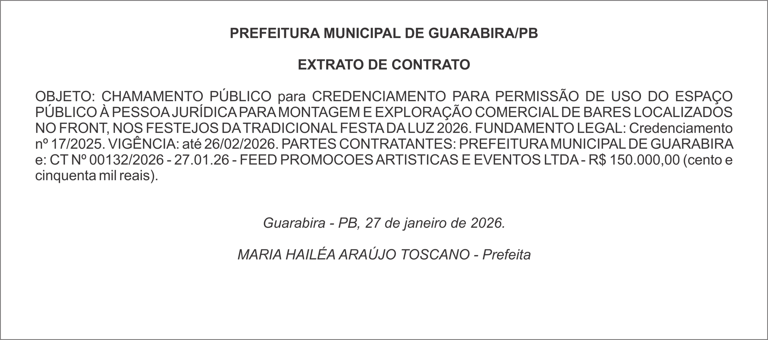 PREFEITURA MUNICIPAL DE GUARABIRA/PB – EXTRATO DE CONTRATO