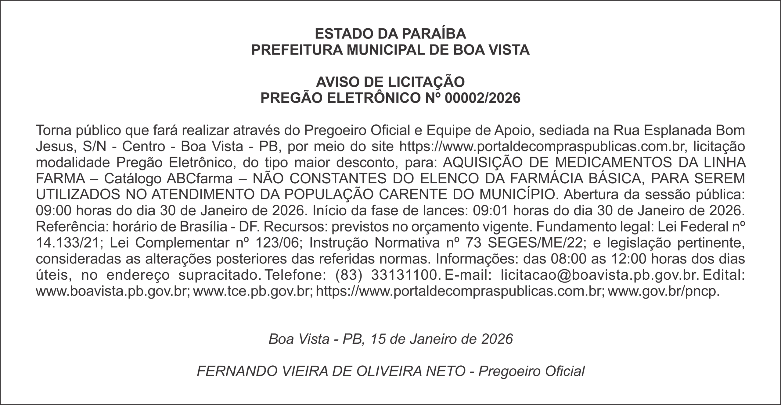 PREFEITURA MUNICIPAL DE BOA VISTA – AVISO DE LICITAÇÃO PREGÃO ELETRÔNICO Nº 00002/2026
