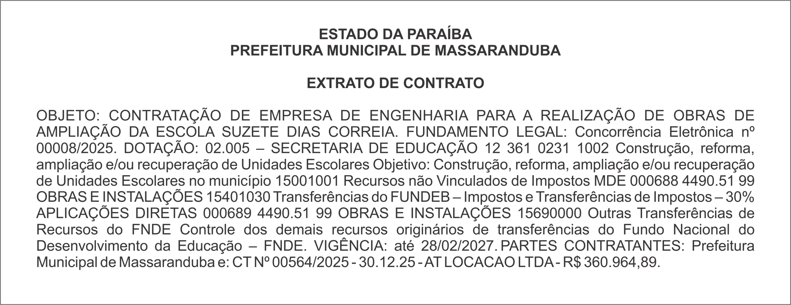 PREFEITURA MUNICIPAL DE MASSARANDUBA – EXTRATO DE CONTRATO