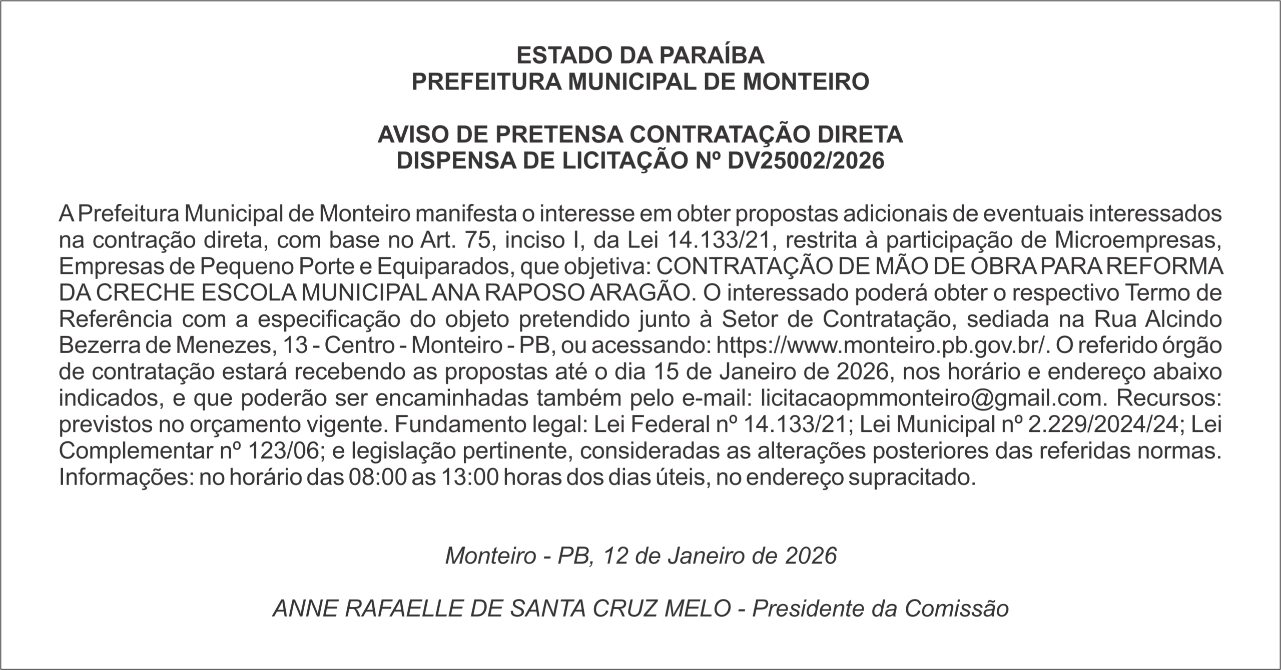PREFEITURA MUNICIPAL DE MONTEIRO – AVISO DE PRETENSA CONTRATAÇÃO DIRETA – DISPENSA DE LICITAÇÃO Nº DV25002/2026
