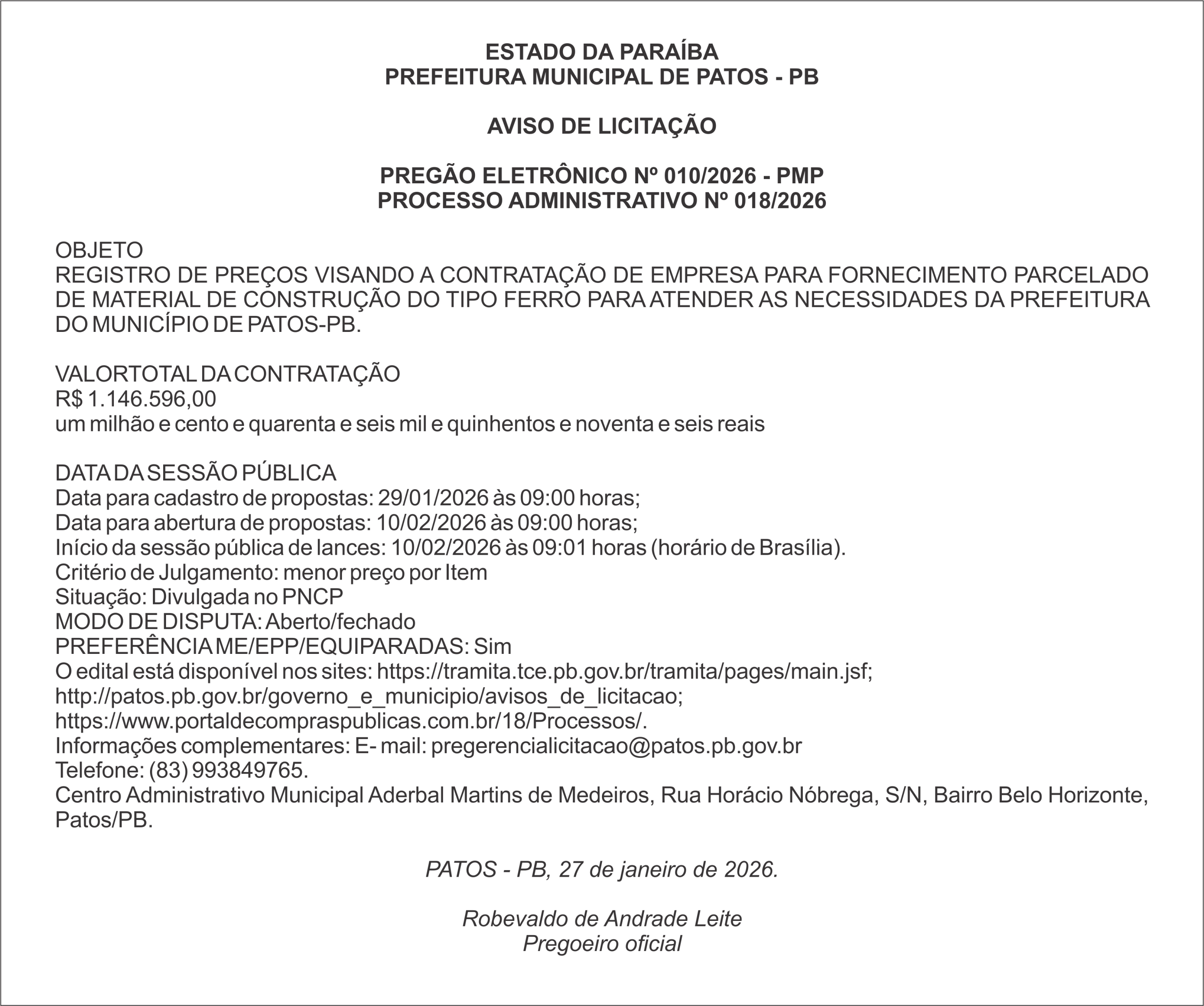 PREFEITURA MUNICIPAL DE PATOS – PB – PREGÃO ELETRÔNICO Nº 010/2026 – PMP