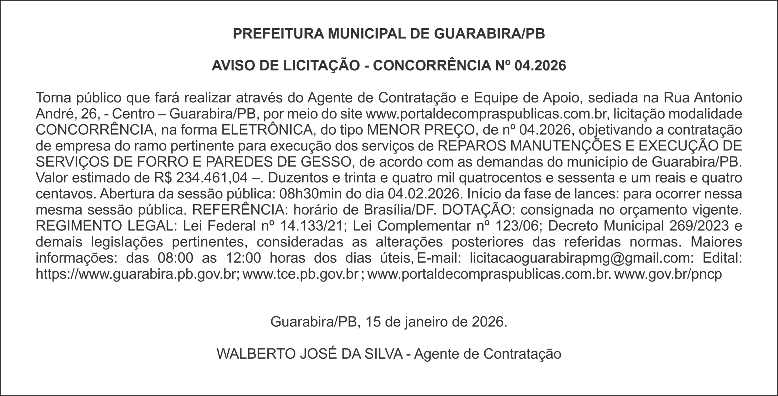 PREFEITURA MUNICIPAL DE GUARABIRA/PB – AVISO DE LICITAÇÃO – CONCORRÊNCIA Nº 04.2026