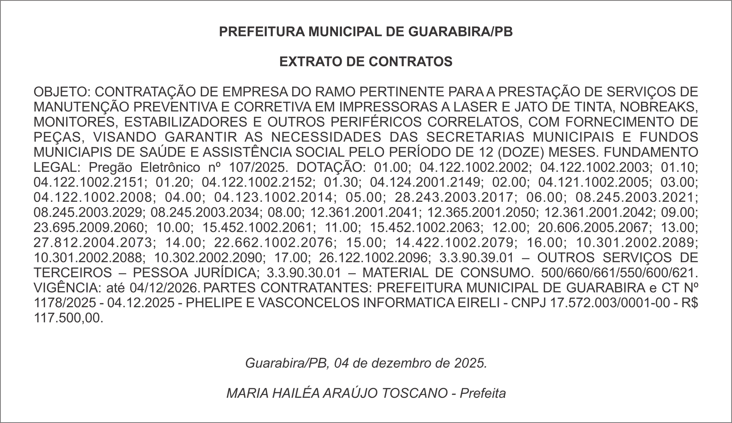 PREFEITURA MUNICIPAL DE GUARABIRA/PB  –  EXTRATO DE CONTRATOS