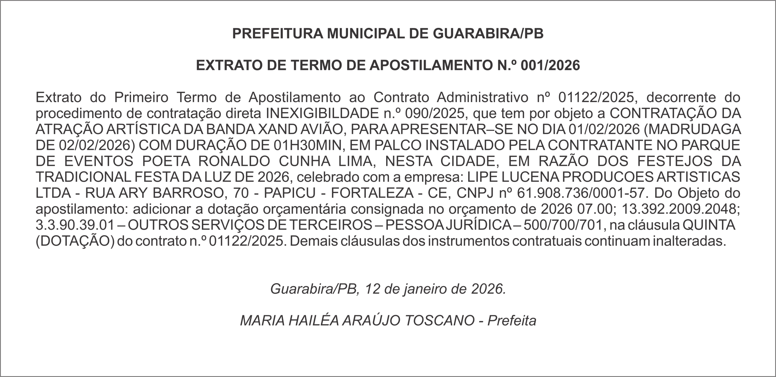 PREFEITURA MUNICIPAL DE GUARABIRA/PB – EXTRATO DE TERMO DE APOSTILAMENTO