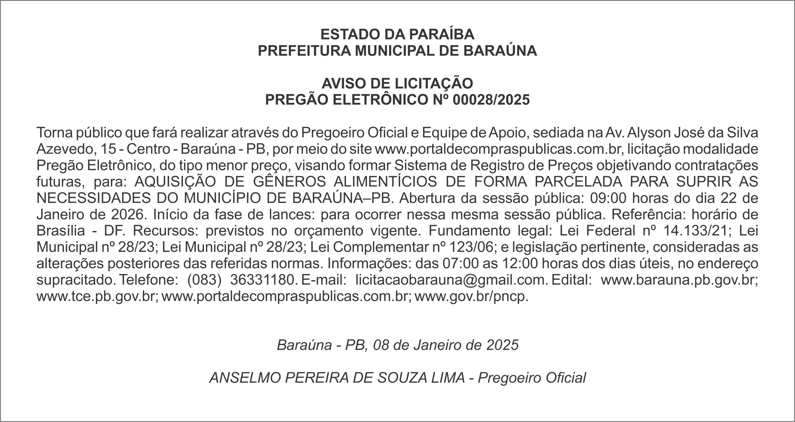PREFEITURA MUNICIPAL DE BARAÚNA – AVISO DE LICITAÇÃO – PREGÃO ELETRÔNICO Nº 00028/2025