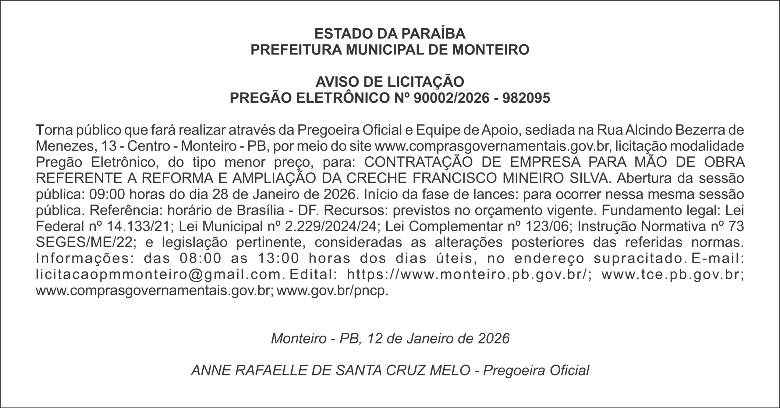 PREFEITURA MUNICIPAL DE MONTEIRO – AVISO DE LICITAÇÃO PREGÃO ELETRÔNICO Nº 90002/2026 – 982095