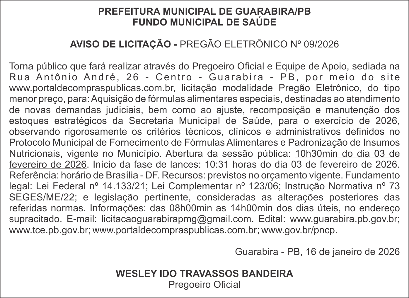 PREFEITURA MUNICIPAL DE GUARABIRA/PB – FUNDO MUNICIPAL DE SAÚDE   AVISO DE LICITAÇÃO – PREGÃO ELETRÔNICO Nº 09/2026