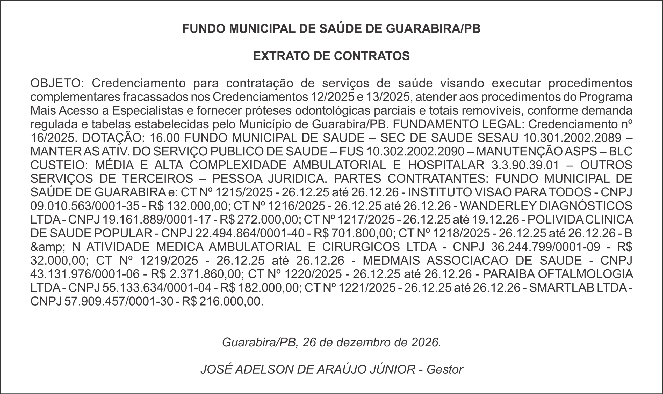 FUNDO MUNICIPAL DE SAÚDE DE GUARABIRA/PB – EXTRATO DE CONTRATOS