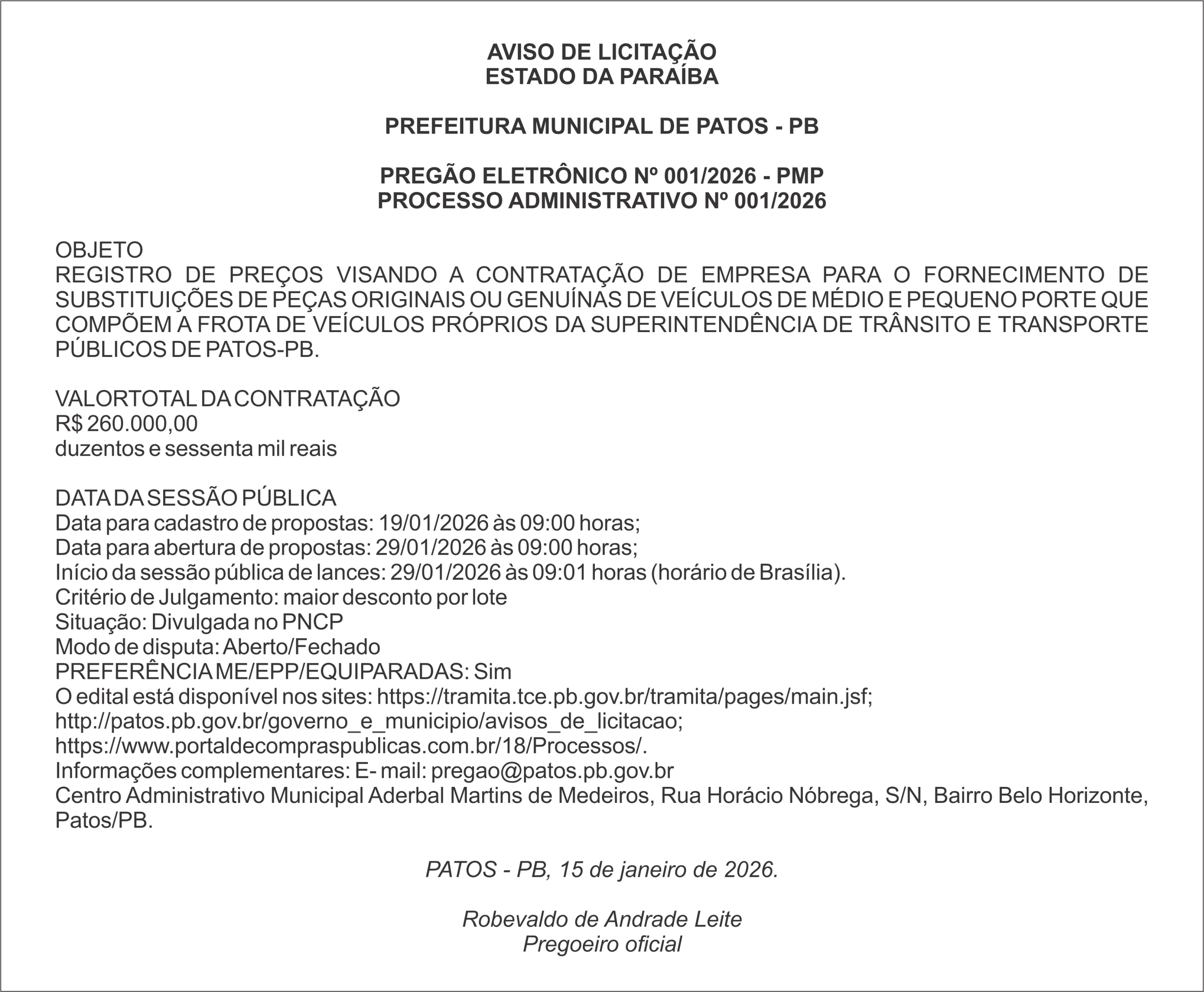 PREFEITURA MUNICIPAL DE PATOS – PB – PREGÃO ELETRÔNICO Nº 001/2026 – PMP
