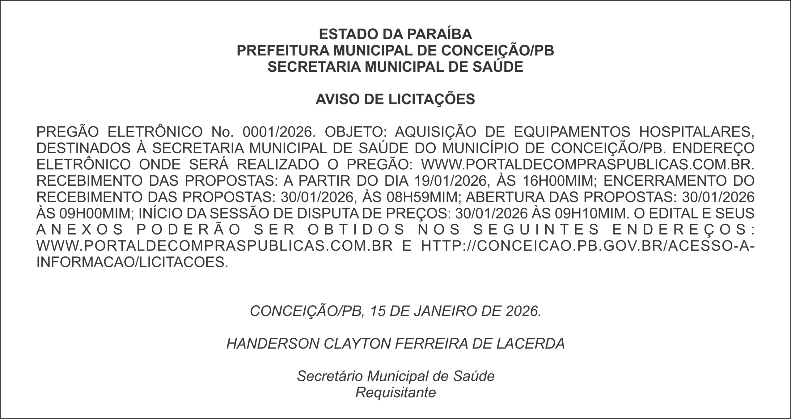 PREFEITURA MUNICIPAL DE CONCEIÇÃO/PB – AVISO DE LICITAÇÕES – PREGÃO ELETRÔNICO No. 0001/2026