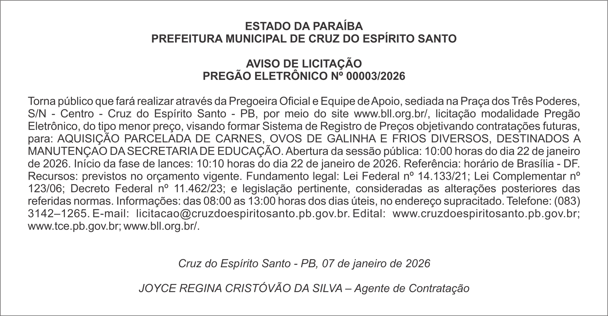 PREFEITURA MUNICIPAL DE CRUZ DO ESPÍRITO SANTO – AVISO DE LICITAÇÃO PREGÃO ELETRÔNICO Nº 00003/2026