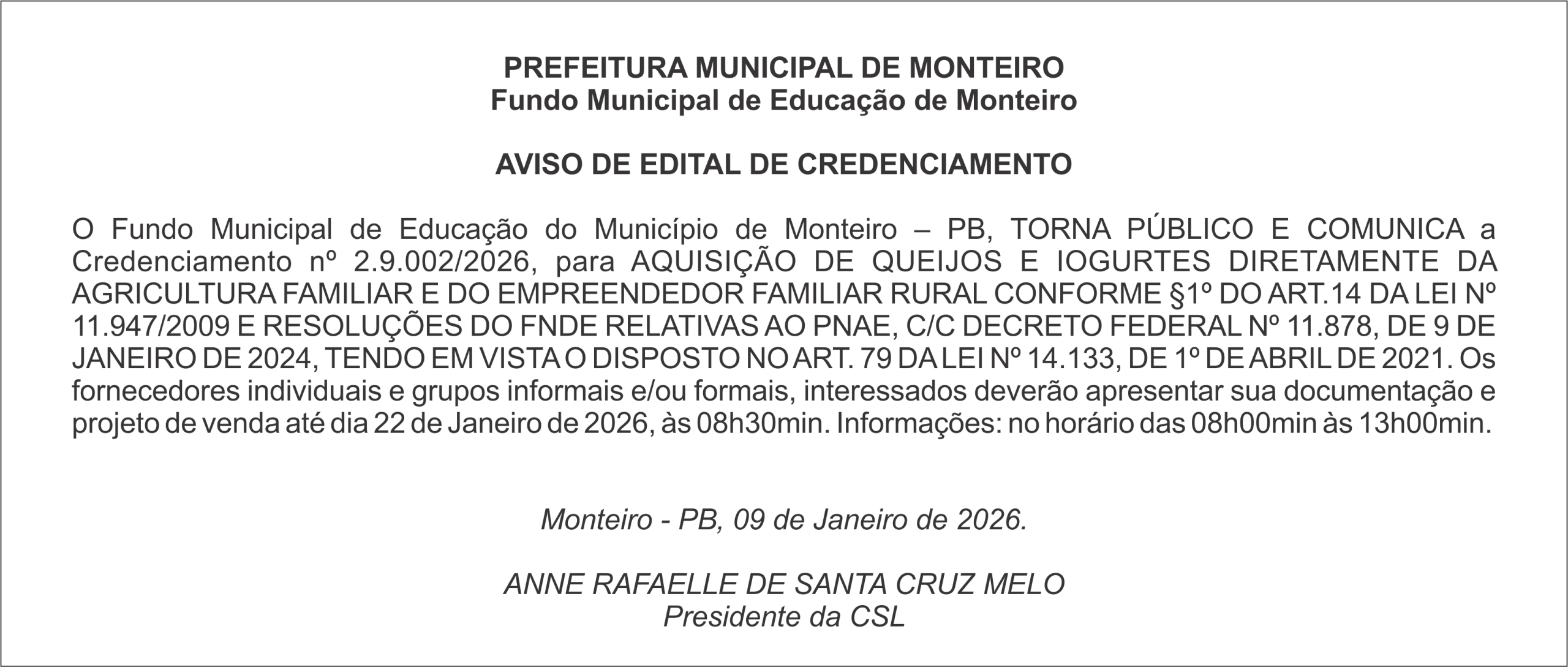 PREFEITURA MUNICIPAL DE MONTEIRO  – AVISO DE EDITAL DE CREDENCIAMENTO