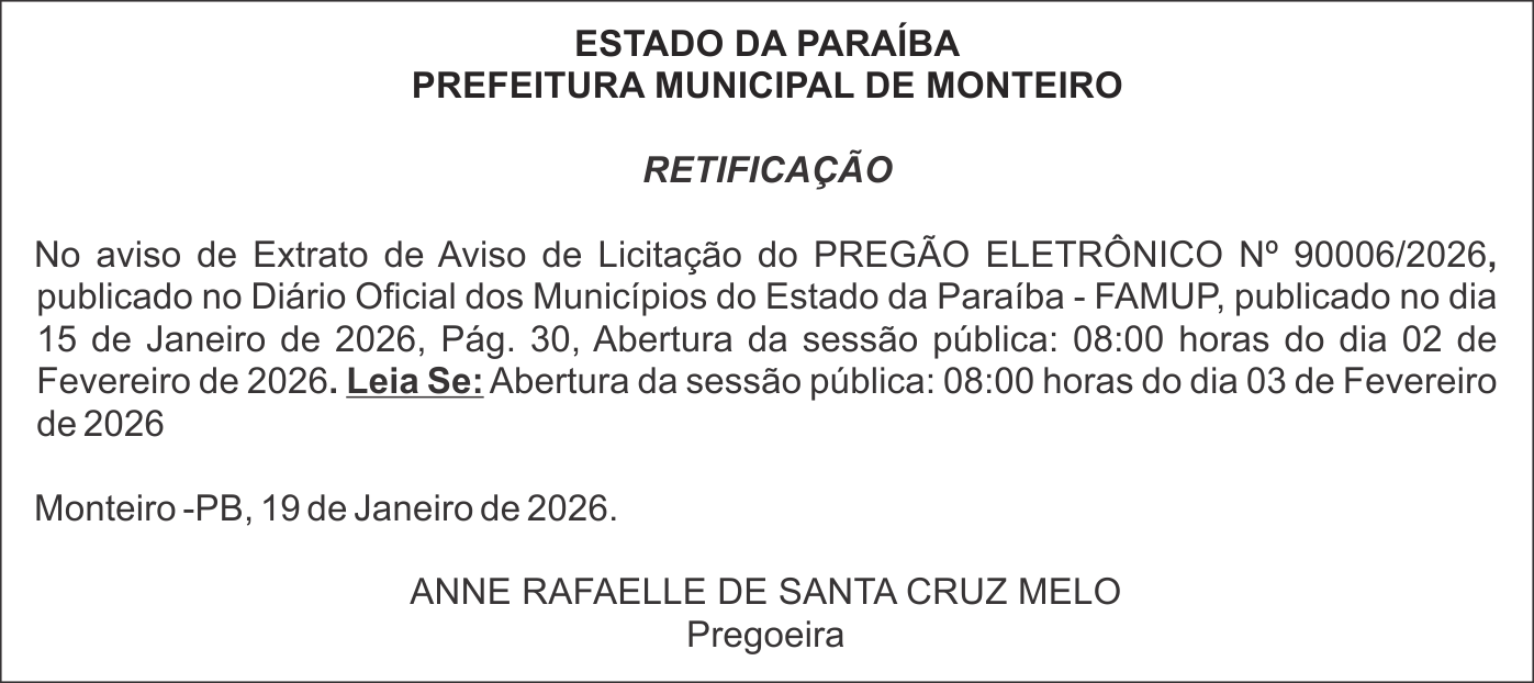 PREFEITURA DE MONTEIRO – RETIFICAÇÃO