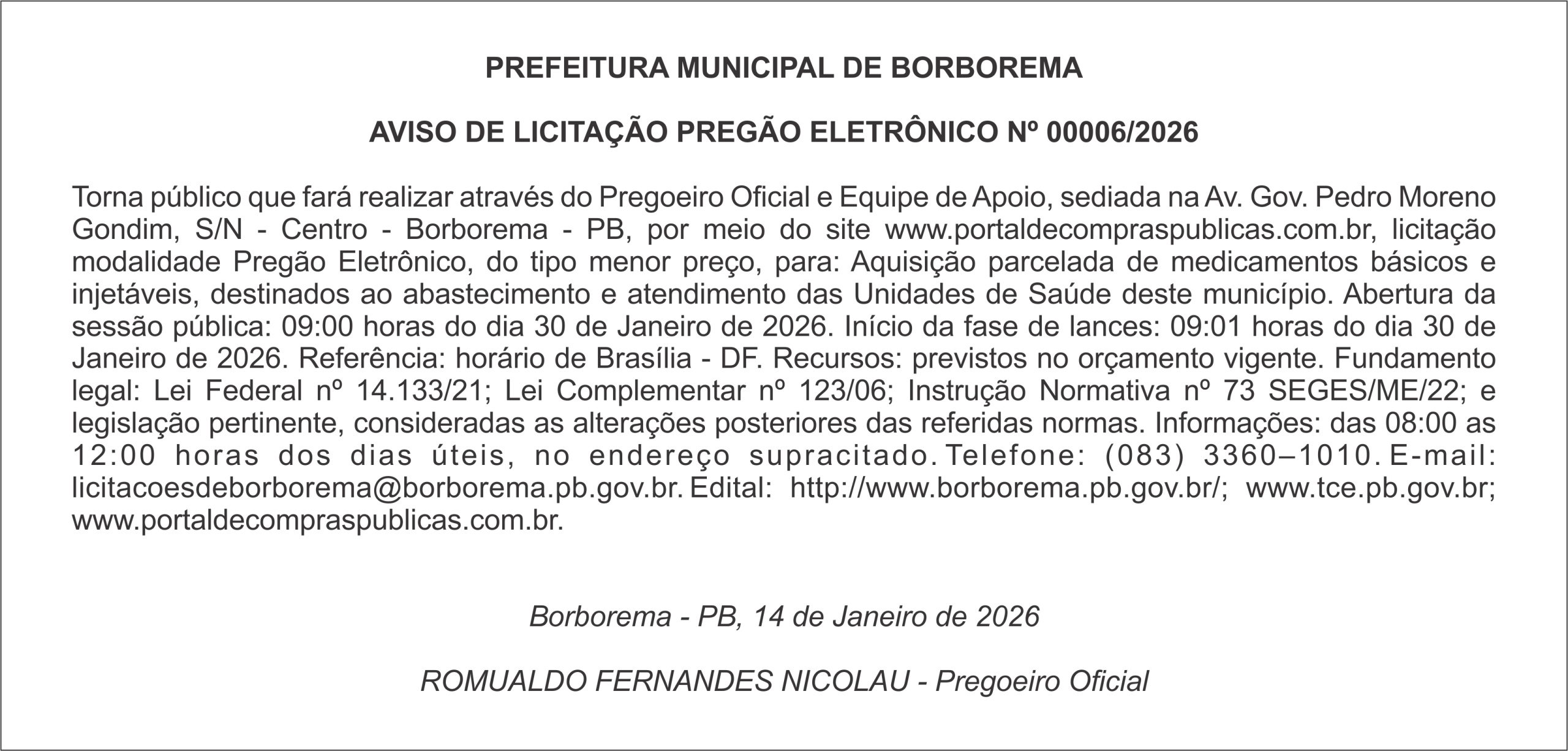 PREFEITURA MUNICIPAL DE BORBOREMA – AVISO DE LICITAÇÃO – PREGÃO ELETRÔNICO Nº 00006/2026
