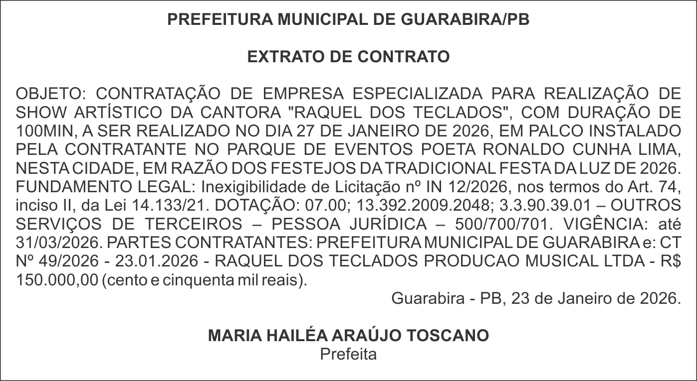 PREFEITURA MUNICIPAL DE GUARABIRA/PB – EXTRATO DE CONTRATO