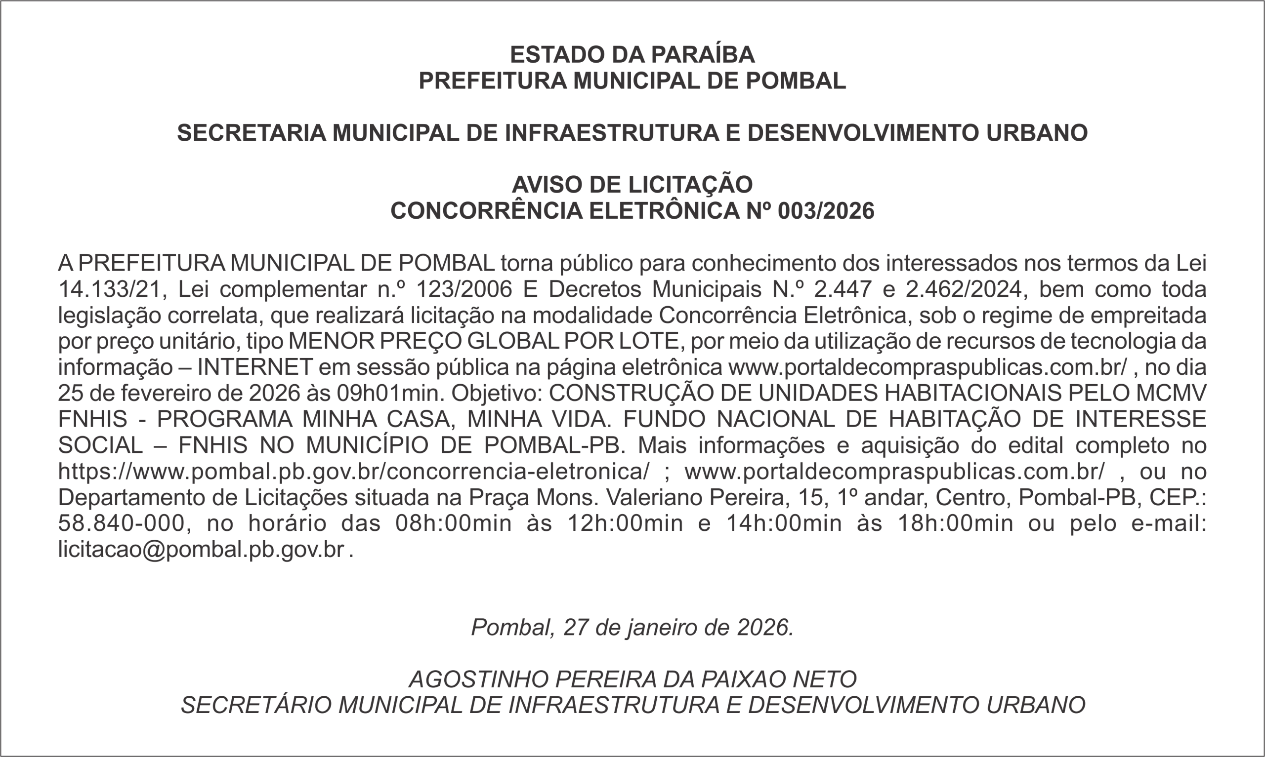PREFEITURA MUNICIPAL DE POMBAL – AVISO DE LICITAÇÃO – CONCORRÊNCIA ELETRÔNICA Nº 003/2026