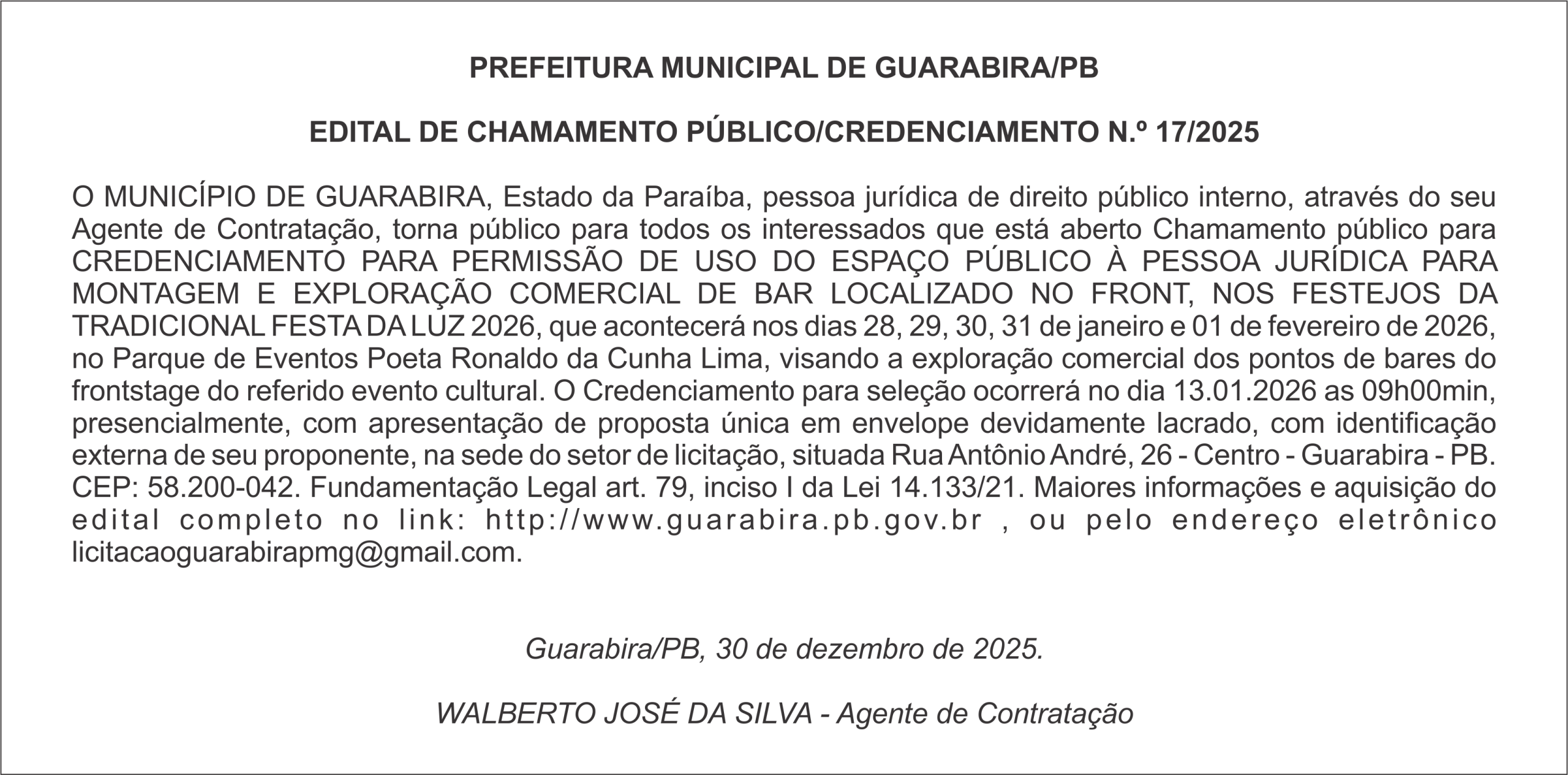 PREFEITURA MUNICIPAL DE GUARABIRA/PB – EDITAL DE CHAMAMENTO PÚBLICO/CREDENCIAMENTO N.º 17/2025