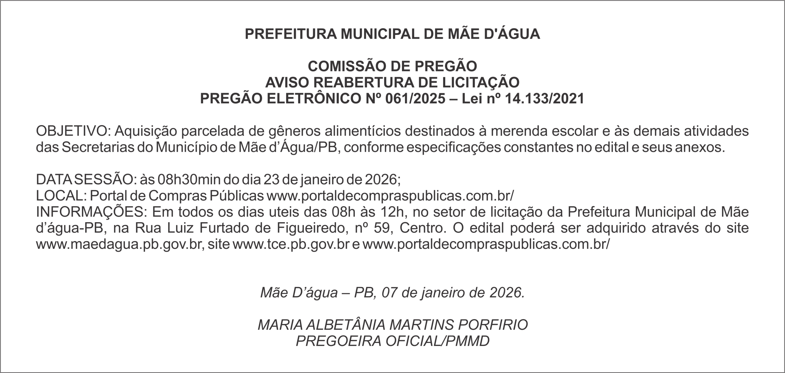 PREFEITURA DE MÃE D’ÁGUA – AVISO REABERTURA DE LICITAÇÃO – PREGÃO ELETRÔNICO Nº 061/2025