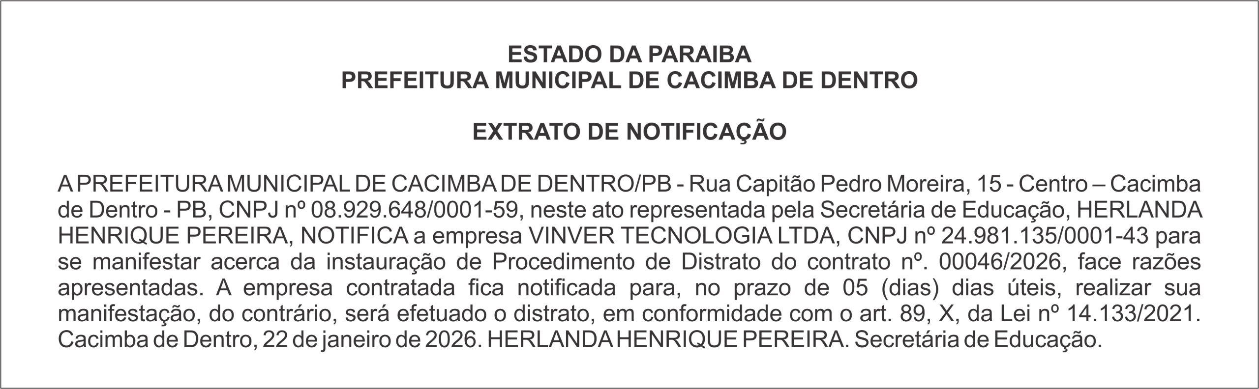 PREFEITURA MUNICIPAL DE CACIMBA DE DENTRO – EXTRATO DE NOTIFICAÇÃO