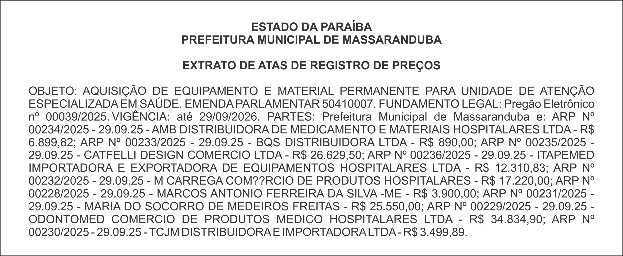 PREFEITURA MUNICIPAL DE MASSARANDUBA  – EXTRATO DE ATAS DE REGISTRO DE PREÇOS
