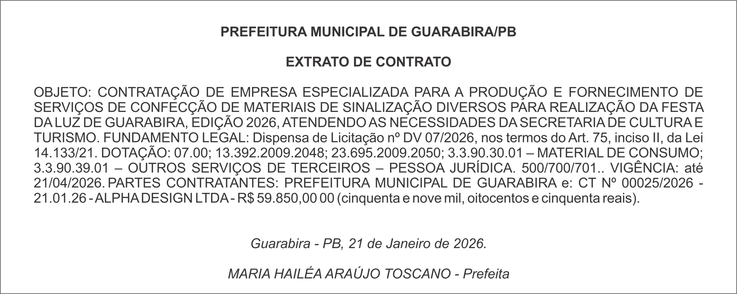 PREFEITURA MUNICIPAL DE GUARABIRA/PB – EXTRATO DE CONTRATO