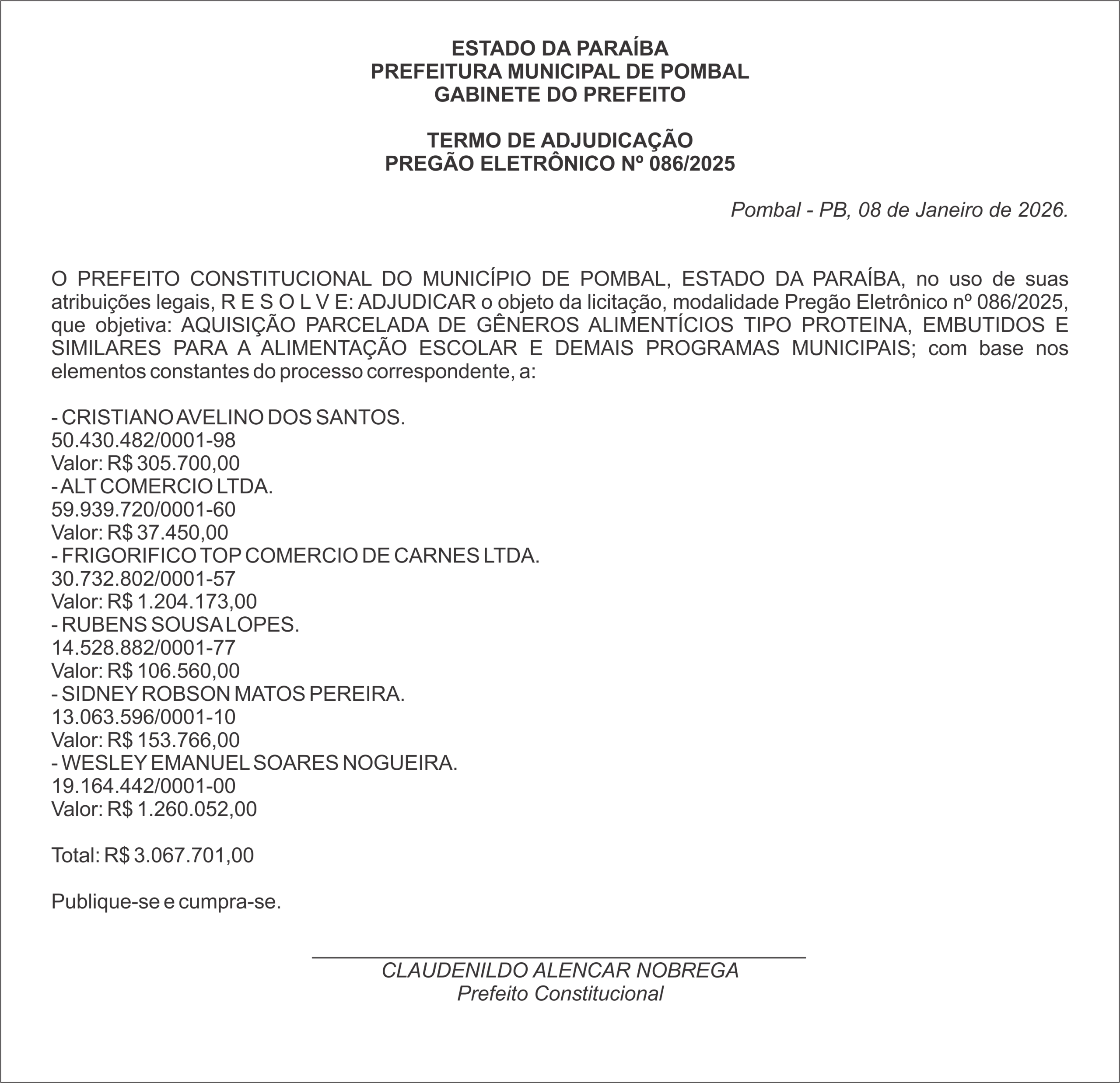 PREFEITURA MUNICIPAL DE POMBAL – TERMO DE ADJUDICAÇÃO – PREGÃO ELETRÔNICO Nº 086/2025