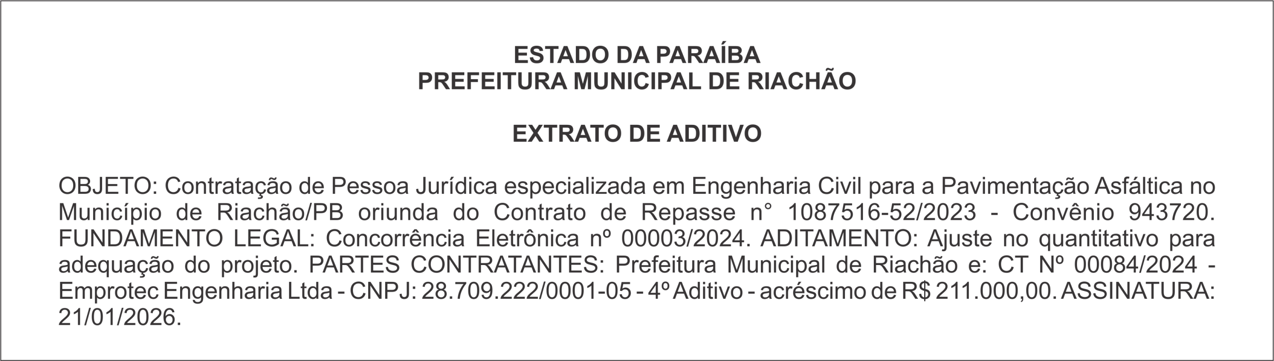 PREFEITURA MUNICIPAL DE RIACHÃO – EXTRATO DE ADITIVO
