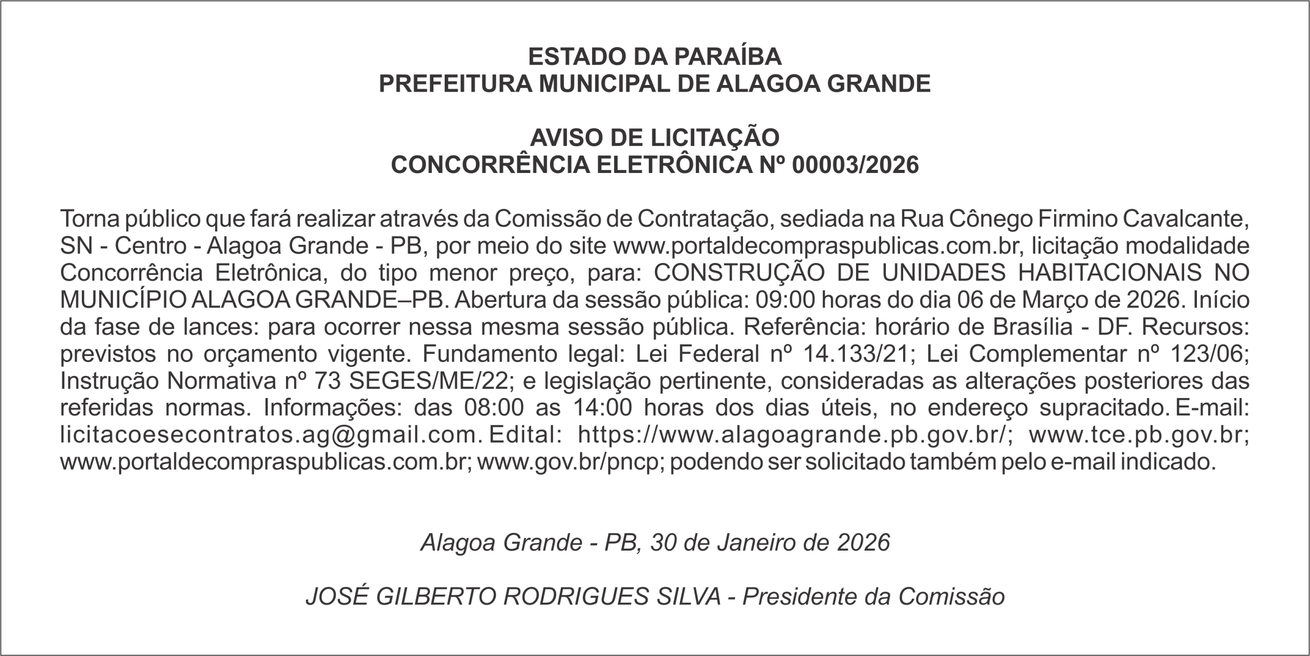 PREFEITURA MUNICIPAL DE ALAGOA GRANDE – AVISO DE LICITAÇÃO – CONCORRÊNCIA ELETRÔNICA Nº 00003/2026