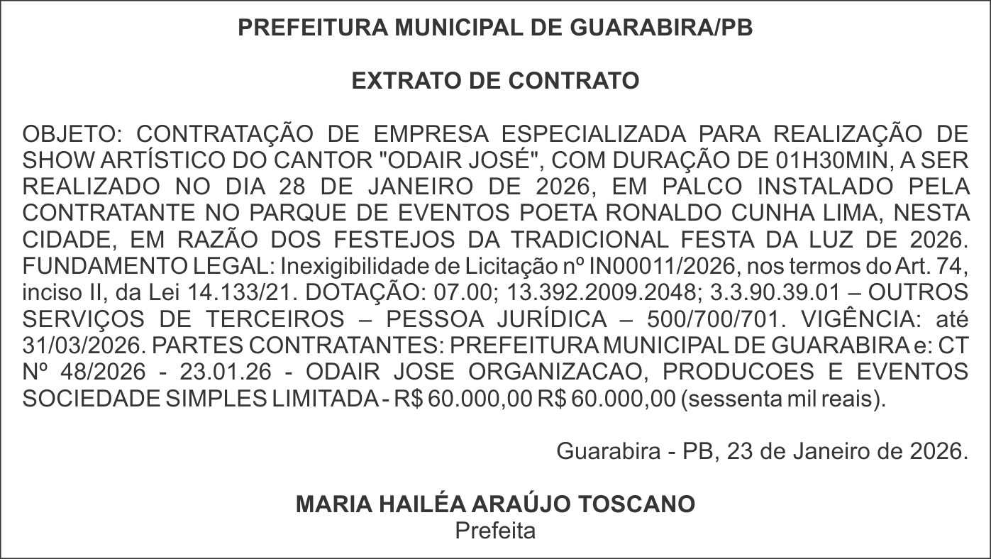 PREFEITURA MUNICIPAL DE GUARABIRA/PB – EXTRATO DE CONTRATO