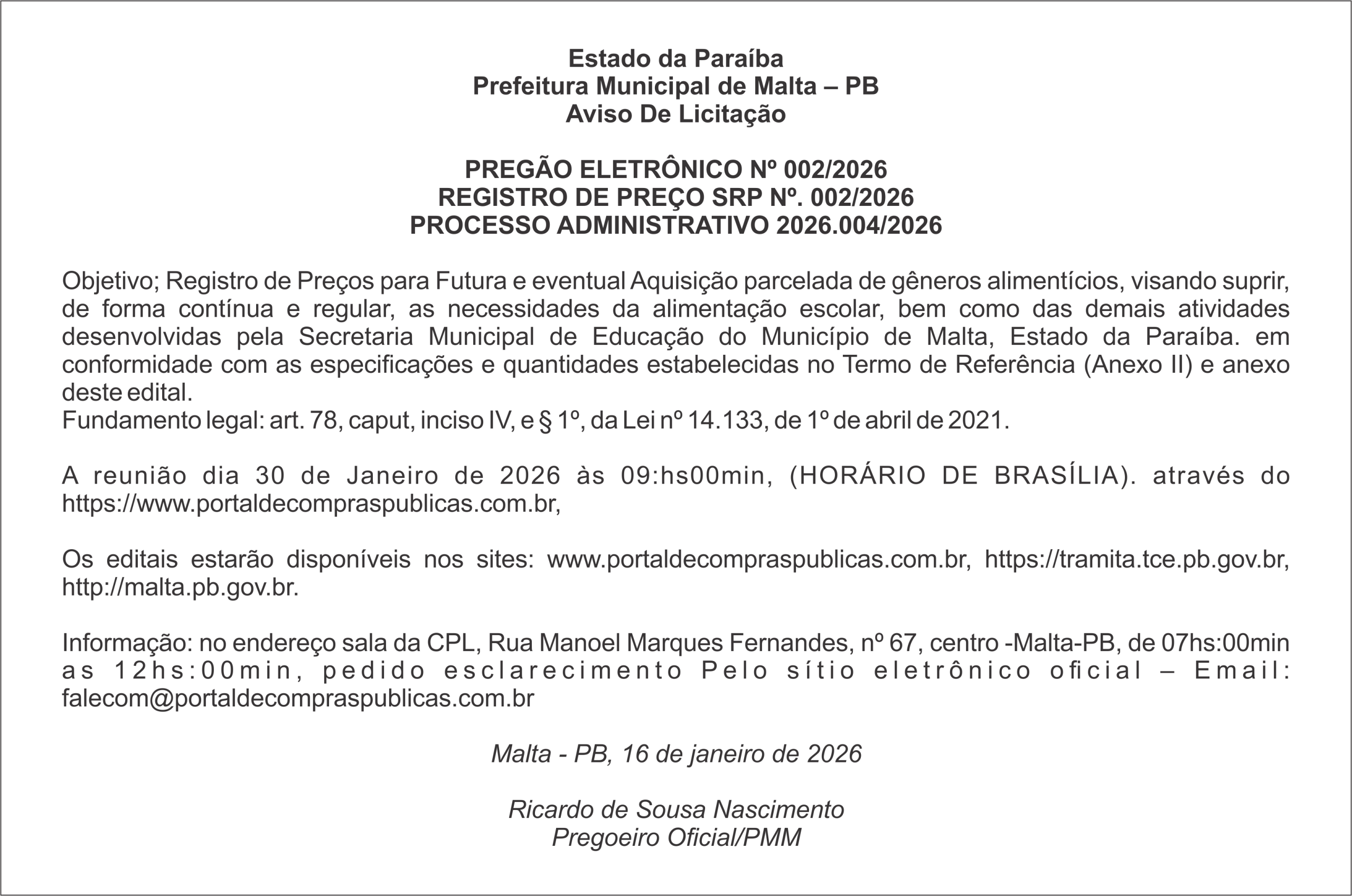 Prefeitura Municipal de Malta – PB – Aviso De Licitação – PREGÃO ELETRÔNICO Nº 002/2026