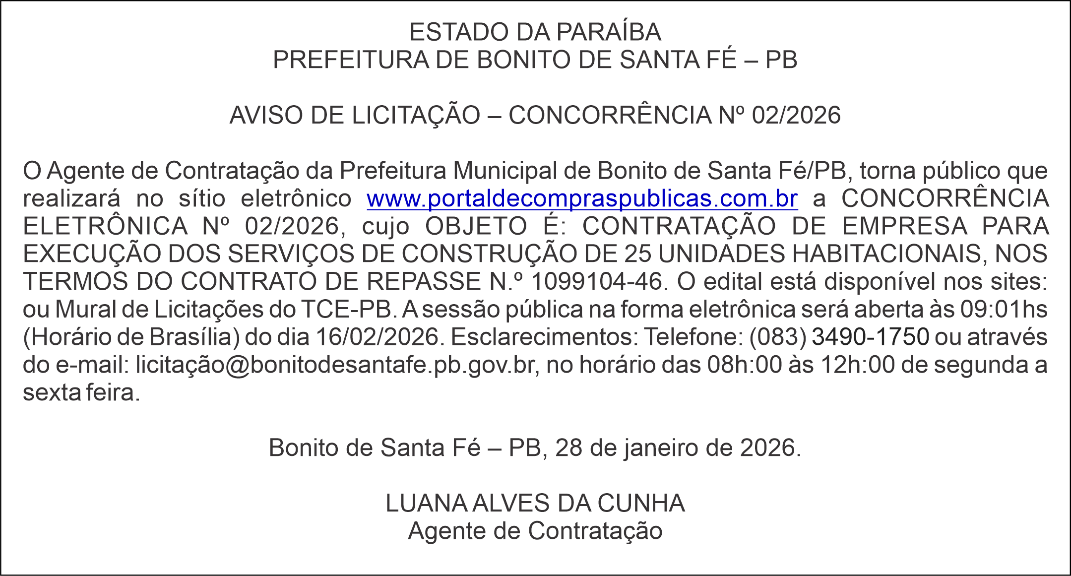 Prefeitura de Bonito de Santa Fé – PB – AVISO DE LICITAÇÃO – CONCORRÊNCIA Nº 02/2026
