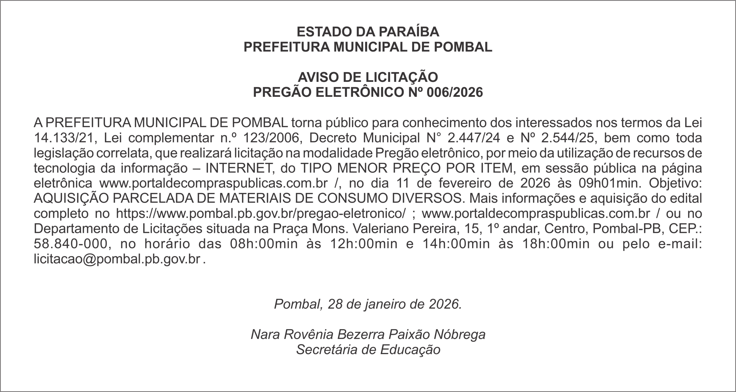 PREFEITURA MUNICIPAL DE POMBAL – AVISO DE LICITAÇÃO – PREGÃO ELETRÔNICO Nº 006/2026
