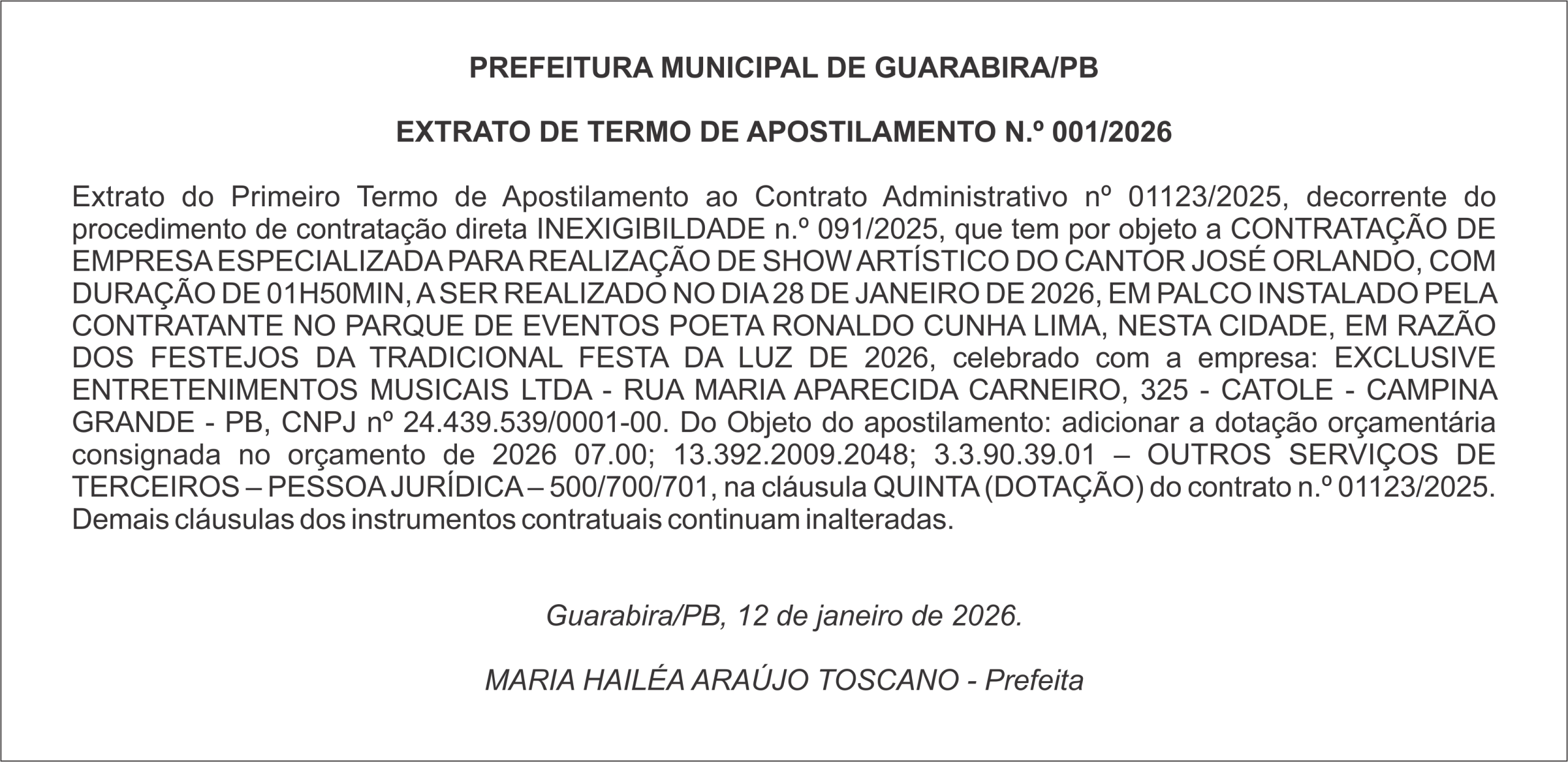 PREFEITURA MUNICIPAL DE GUARABIRA/PB – EXTRATO DE TERMO DE APOSTILAMENTO