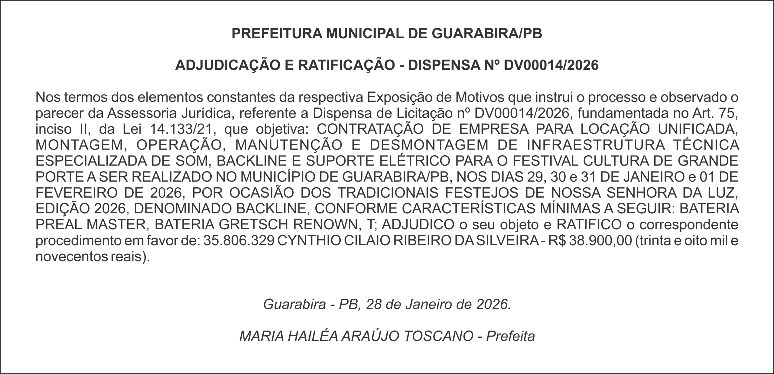 PREFEITURA MUNICIPAL DE GUARABIRA/PB – ADJUDICAÇÃO E RATIFICAÇÃO – DISPENSA Nº DV00014/2026