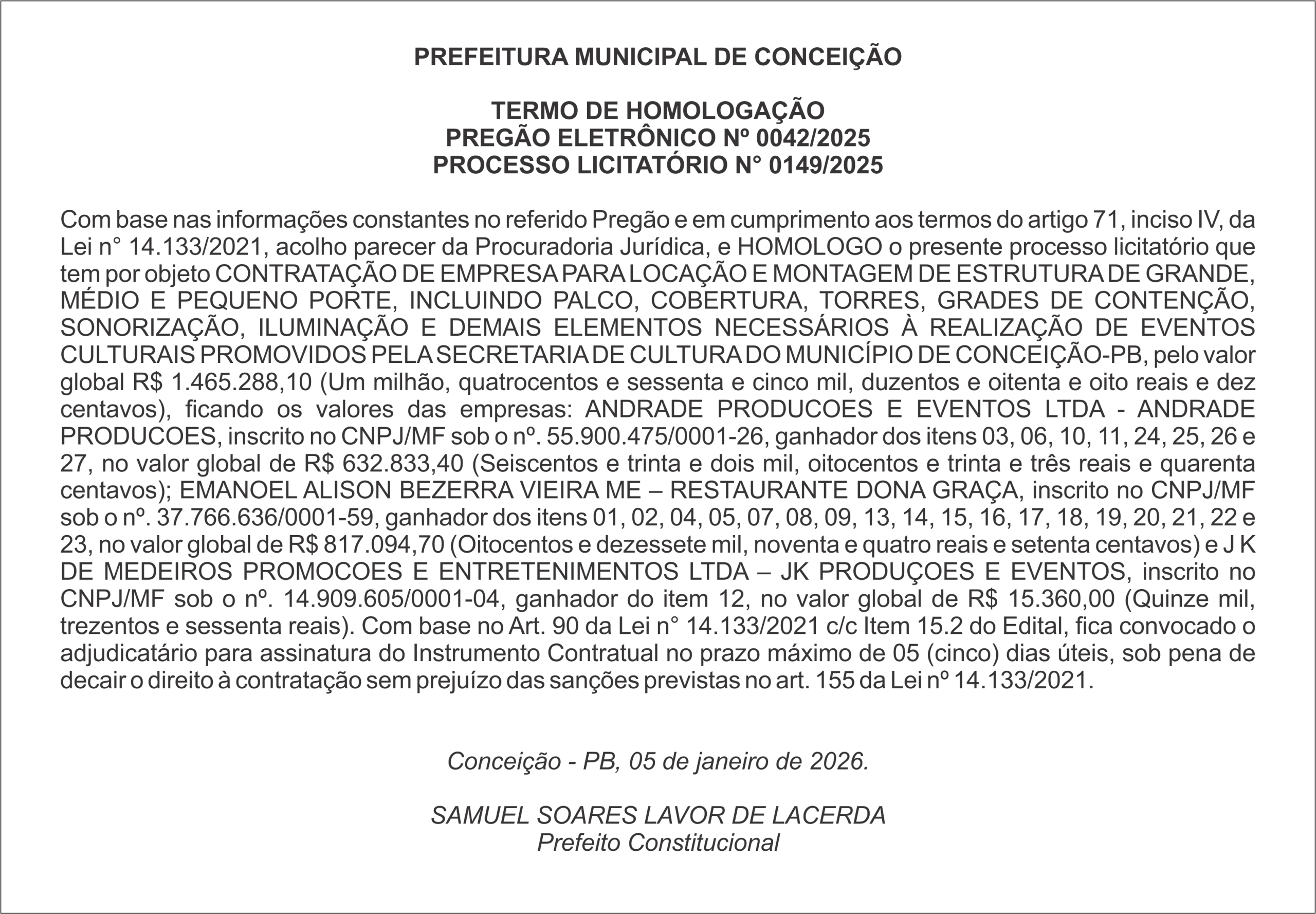 PREFEITURA DE CONCEIÇÃO – TERMO DE HOMOLOGAÇÃO PREGÃO ELETRÔNICO Nº 0042/2025