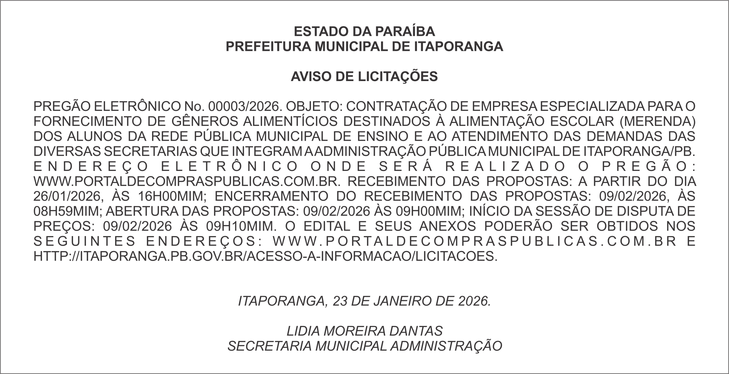 PREFEITURA MUNICIPAL DE ITAPORANGA – AVISO DE LICITAÇÕES – PREGÃO ELETRÔNICO No. 00003/2026