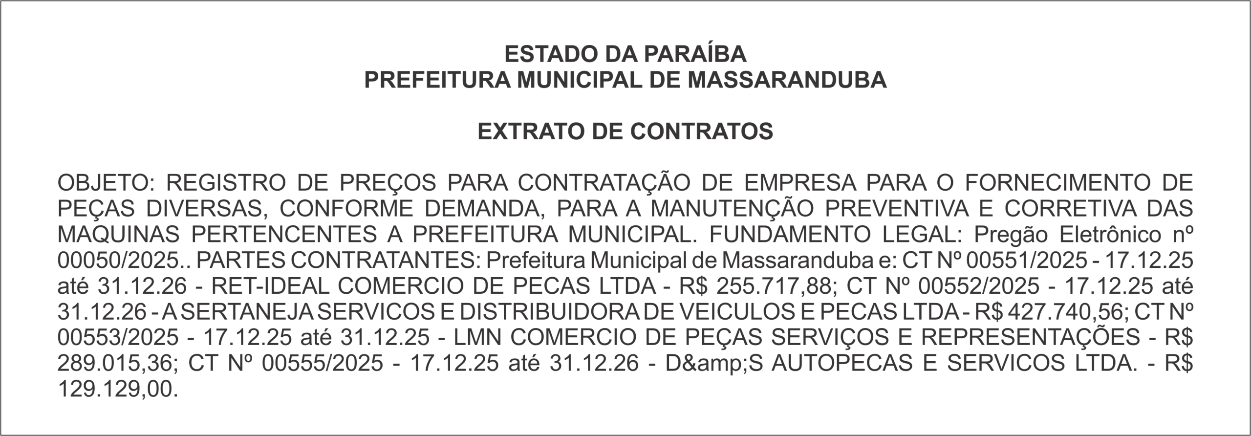 PREFEITURA MUNICIPAL DE MASSARANDUBA – EXTRATO DE CONTRATO