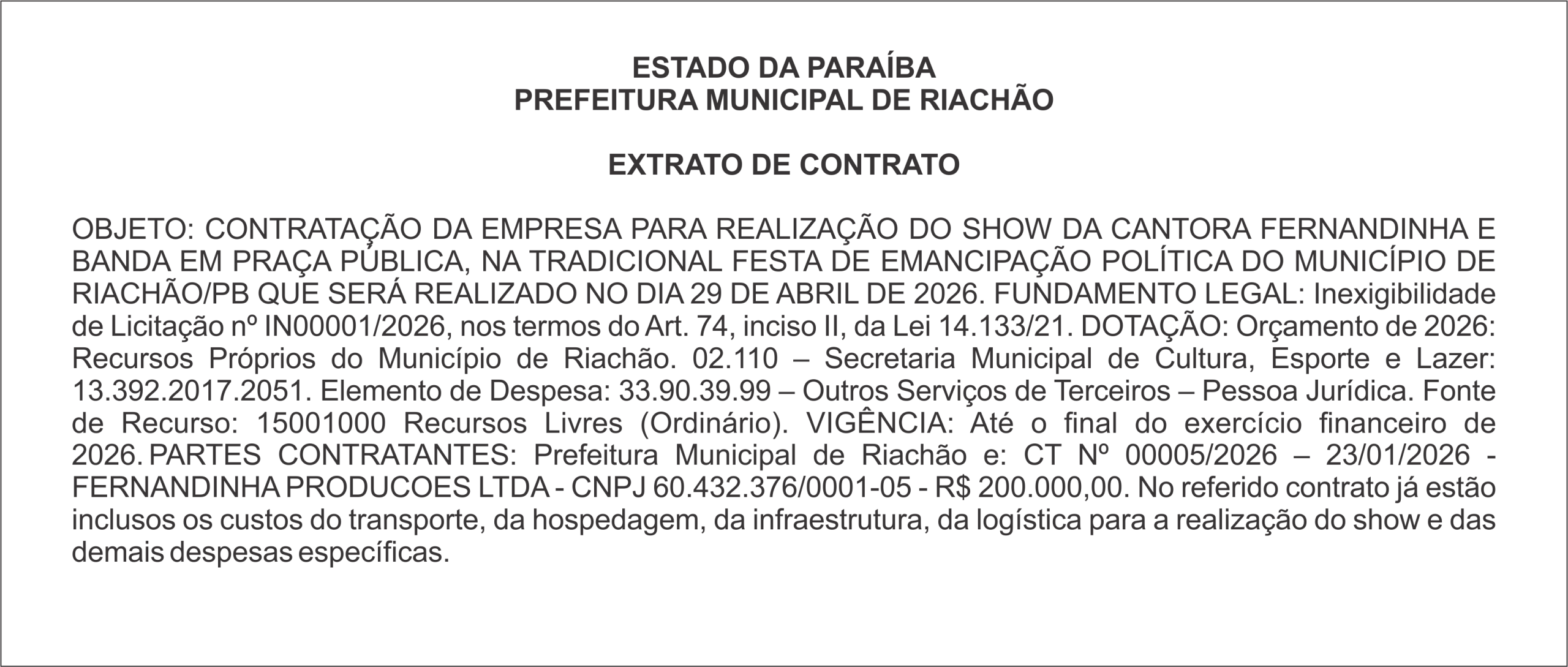 PREFEITURA MUNICIPAL DE RIACHÃO – EXTRATO DE CONTRATO