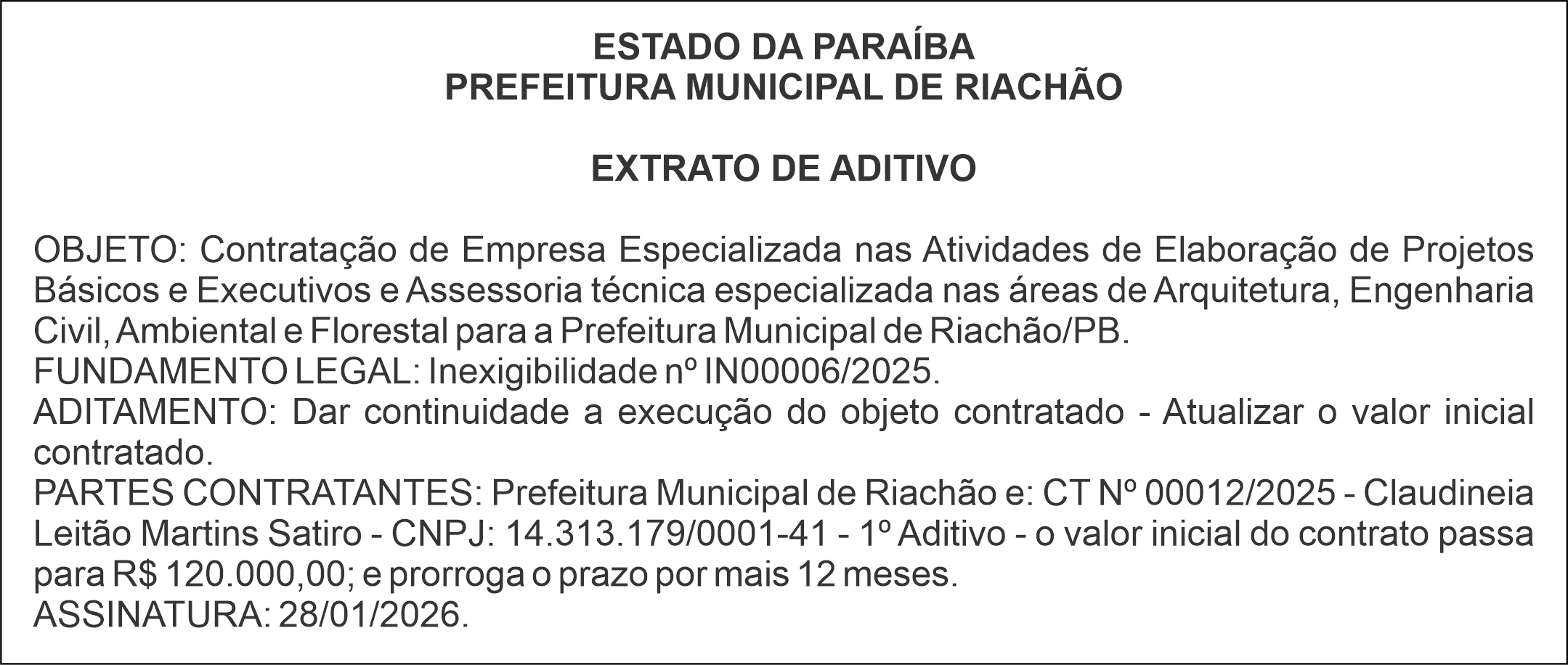PREFEITURA MUNICIPAL DE RIACHÃO – EXTRATO DE ADITIVO