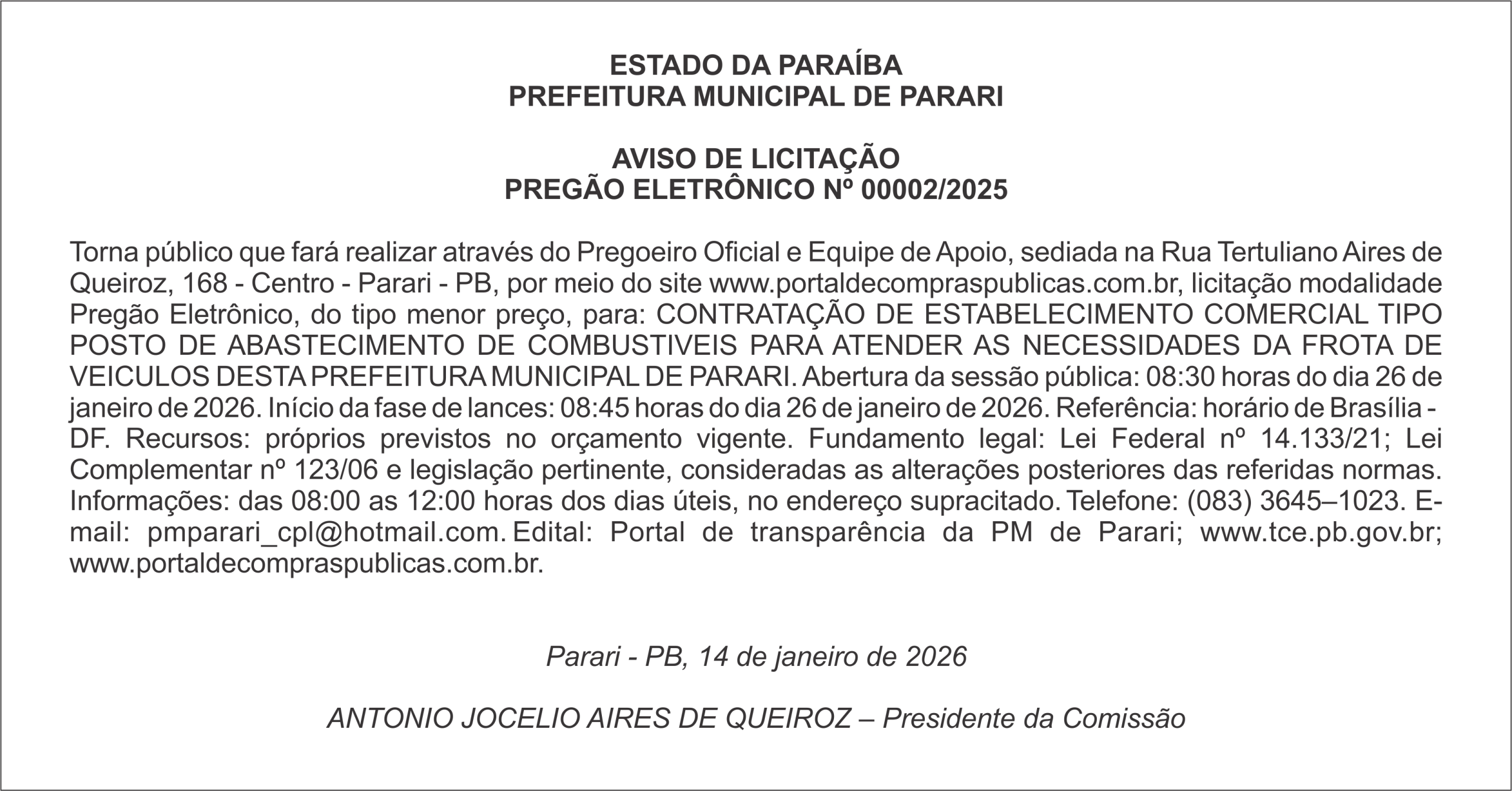 PREFEITURA MUNICIPAL DE PARARI – AVISO DE LICITAÇÃO – PREGÃO ELETRÔNICO Nº 00002/2025
