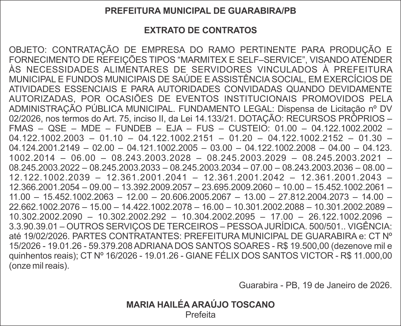 PREFEITURA MUNICIPAL DE GUARABIRA/PB – EXTRATO DE CONTRATOS