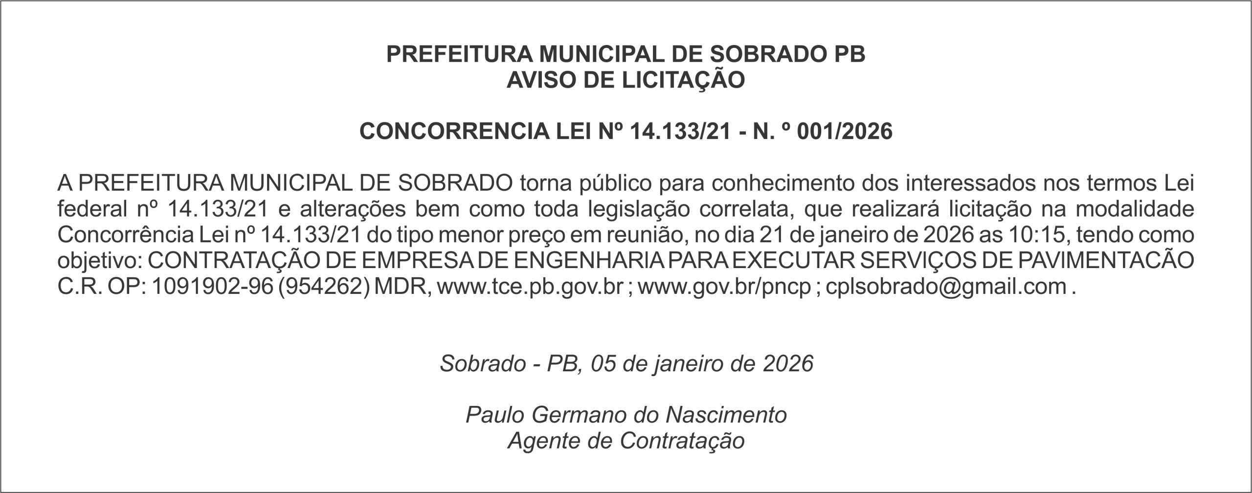 PREFEITURA MUNICIPAL DE SOBRADO PB – AVISO DE LICITAÇÃO – CONCORRENCIA LEI Nº 14.133/21 – N. º 001/2026