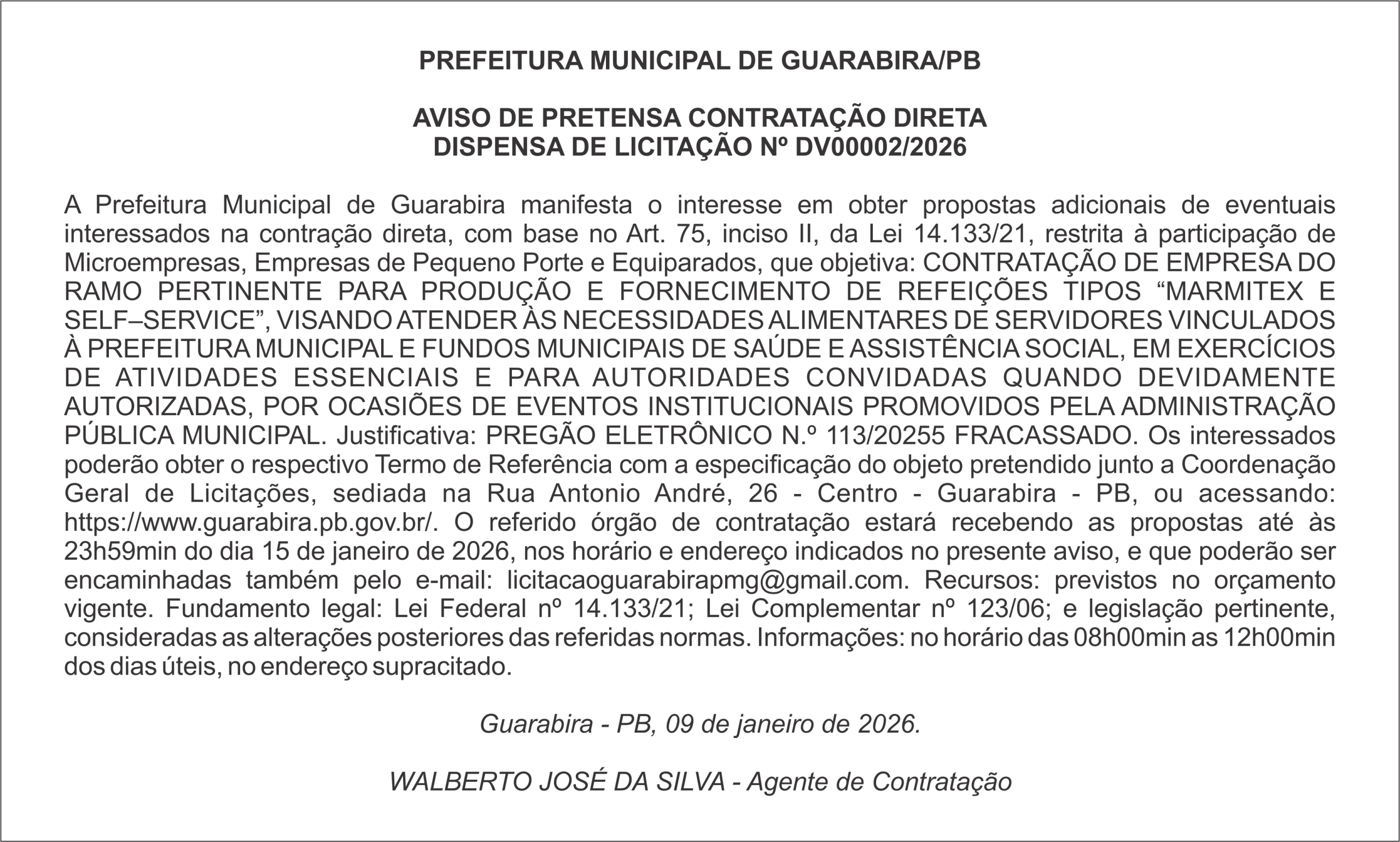 PREFEITURA MUNICIPAL DE GUARABIRA/PB – AVISO DE PRETENSA CONTRATAÇÃO DIRETA – DISPENSA DE LICITAÇÃO Nº DV00002/2026