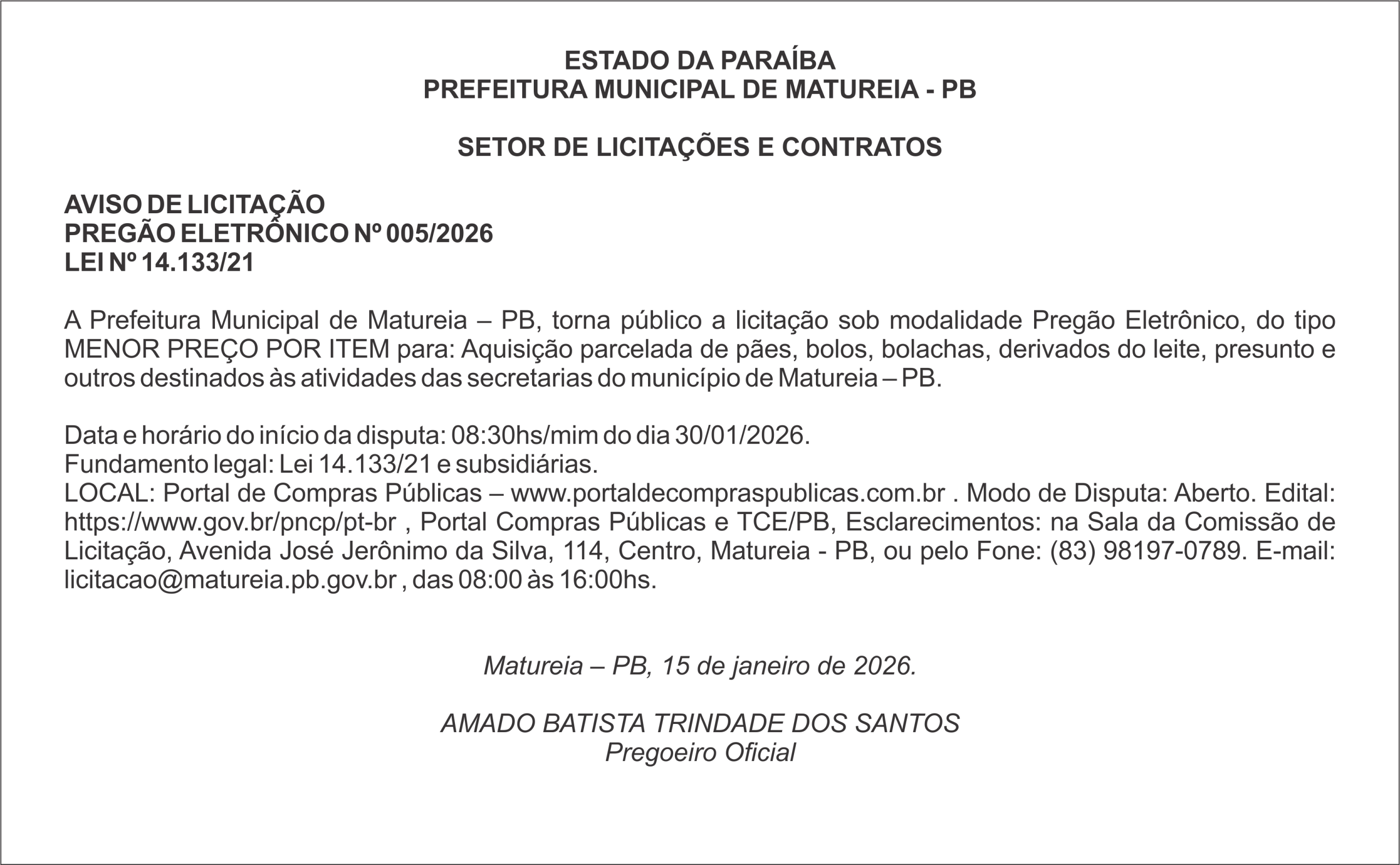 PREFEITURA MUNICIPAL DE MATUREIA – PB – AVISO DE LICITAÇÃO – PREGÃO ELETRÔNICO Nº 005/2026