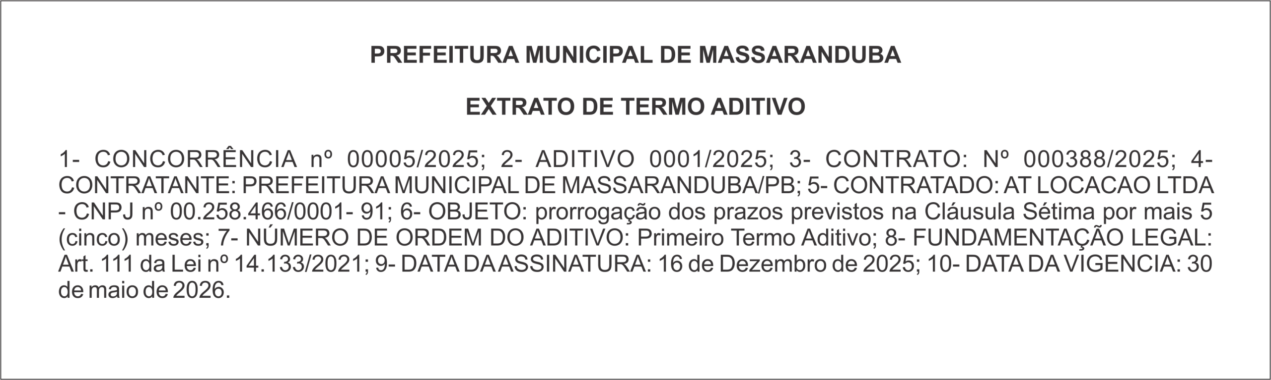 PREFEITURA DE MASSARANDUBA – EXTRATO DE TERMO ADITIVO