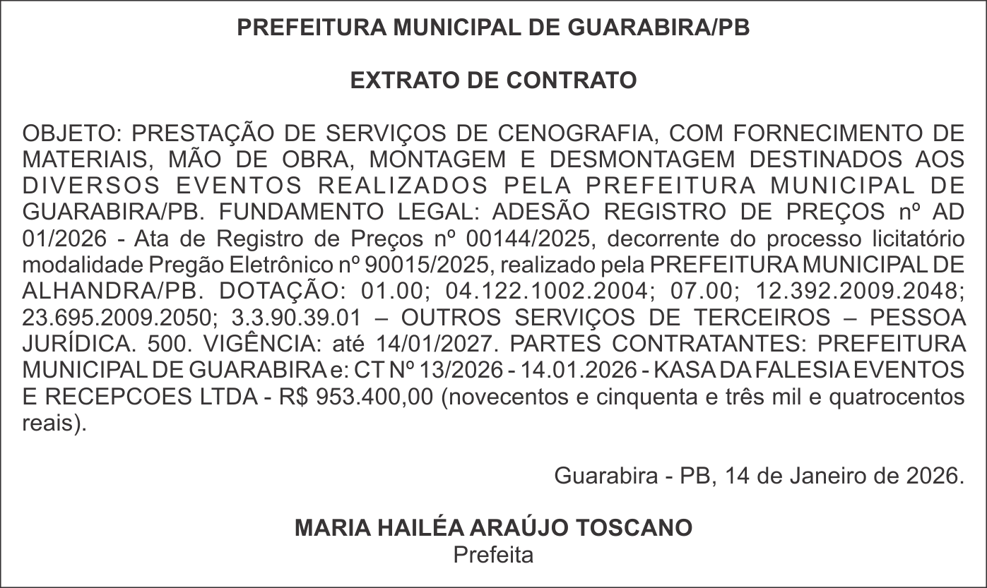 PREFEITURA MUNICIPAL DE GUARABIRA/PB – EXTRATO DE CONTRATO